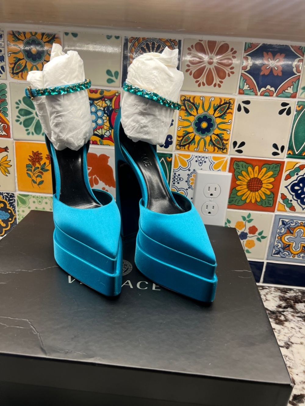 Versace Turquoise Blue Platform High Heels with Jeweled Ankle Strap